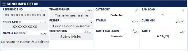 Consumer details section of an electricity bill showing where the reference number is printed