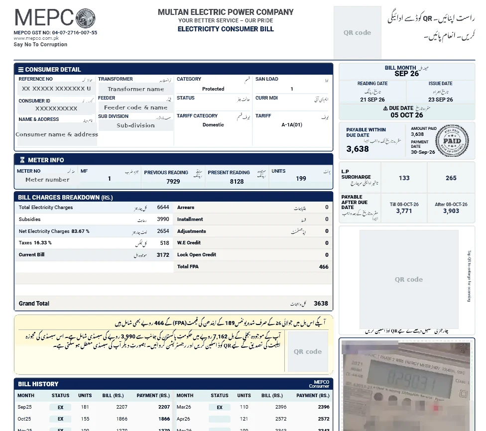 Sample MEPCO electricity consumer bill with personal details hidden